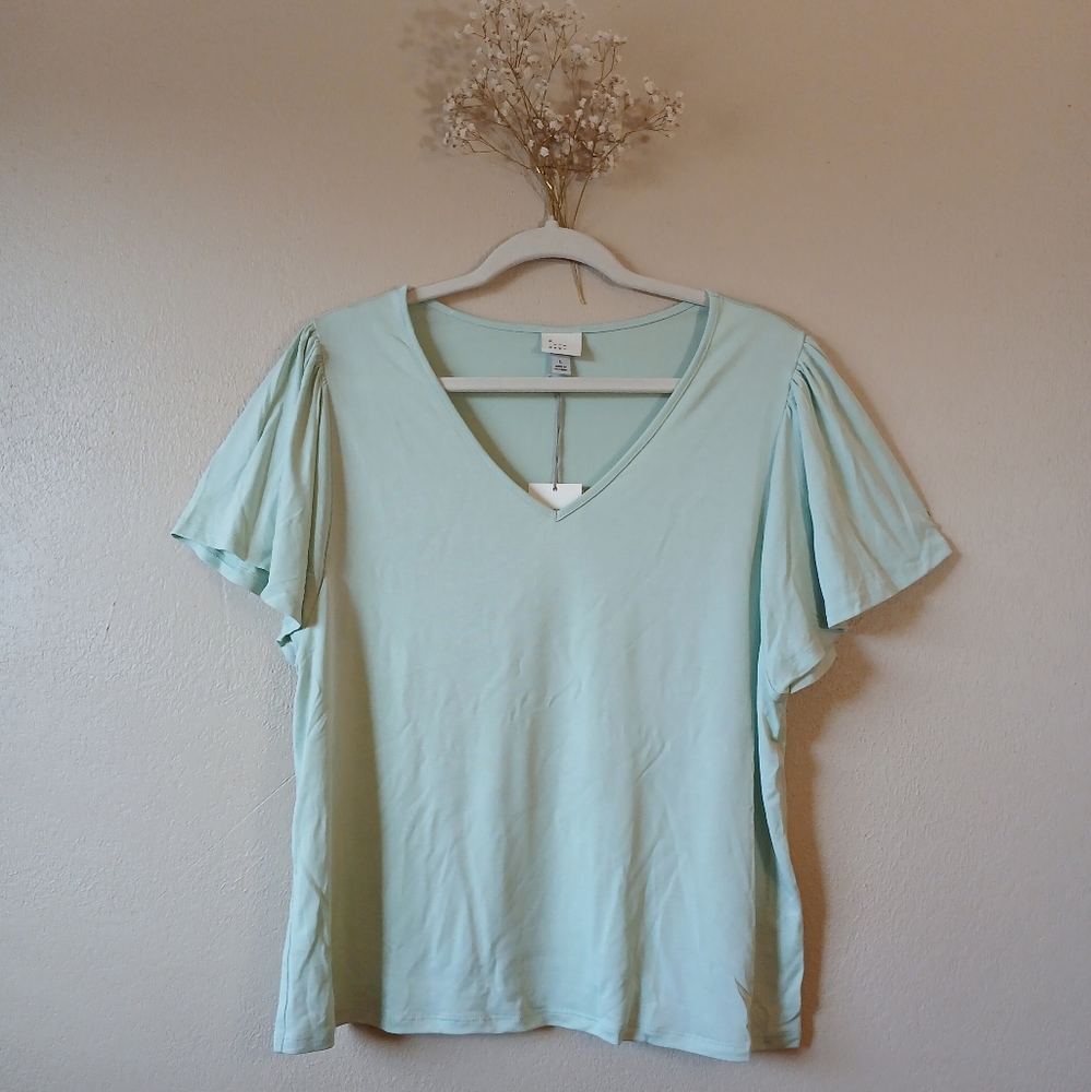 A New Day |Women's V-Neck Butterfly Cap Sleeve Blouse |Size L